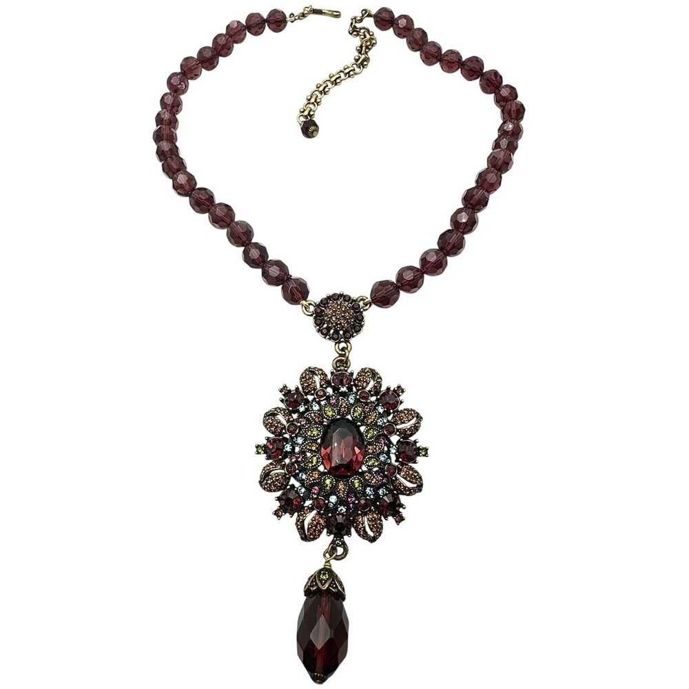 Heidi Daus Multicolor Crystal Purple Glass Bead Bronze Pendant Necklace